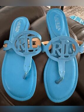 Women's Ralph Lauren Blue Logo Cutout Thong Sandal